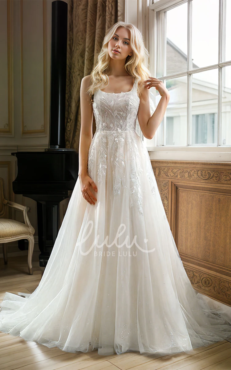 Modern Sexy A-Line Lace Appliques Tulle Square Neck Wedding Gown Elegant Straps Sleeveless Floor-length Beading Backless Bridal Dress