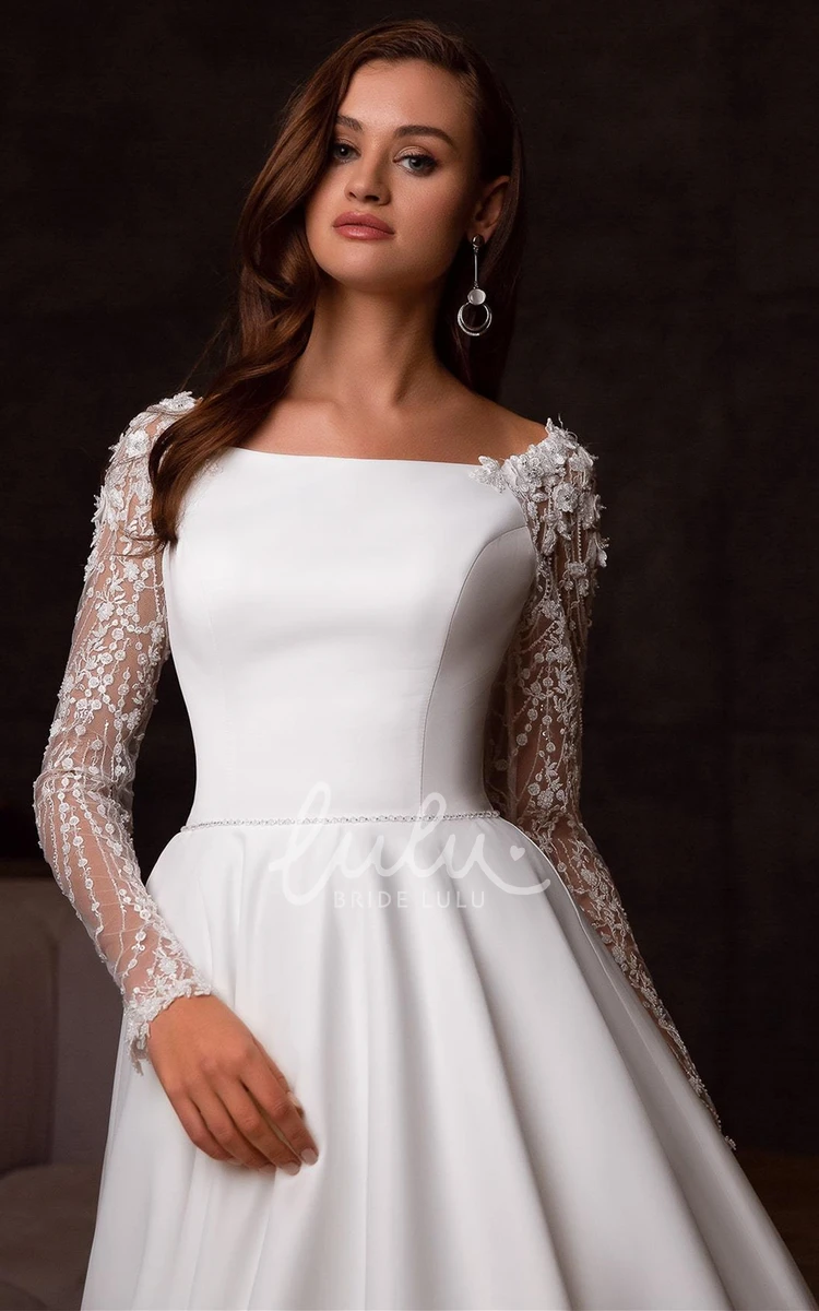 Satin A Line Wedding Dress with Square Neckline and Beading Classy Wedding Dress