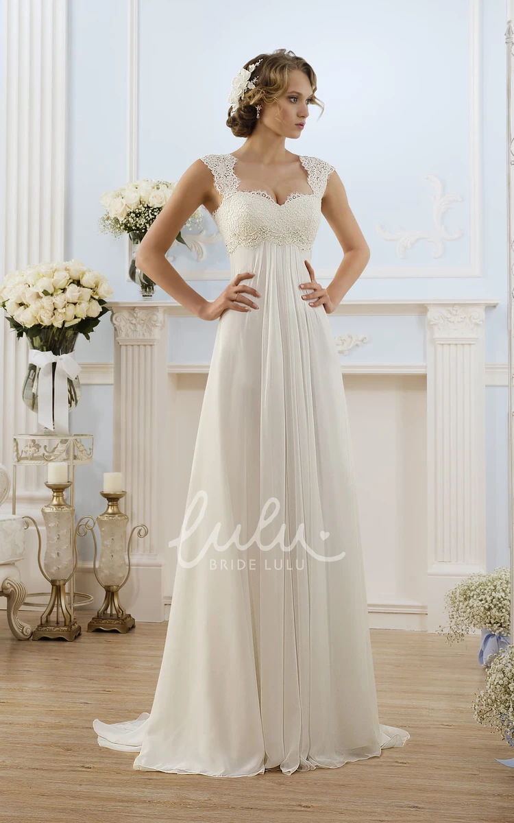 Chiffon Cap-Sleeve A-Line Wedding Dress with Lace Detail