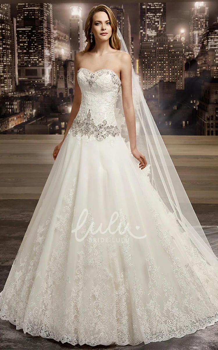 A-line Lace Wedding Dress with Beaded Details and Brush Train Stunning Bridal Gown