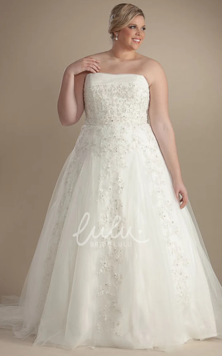 Tulle Appliqued Poet-Sleeve Ball Gown Plus Size Wedding Dress with Beading