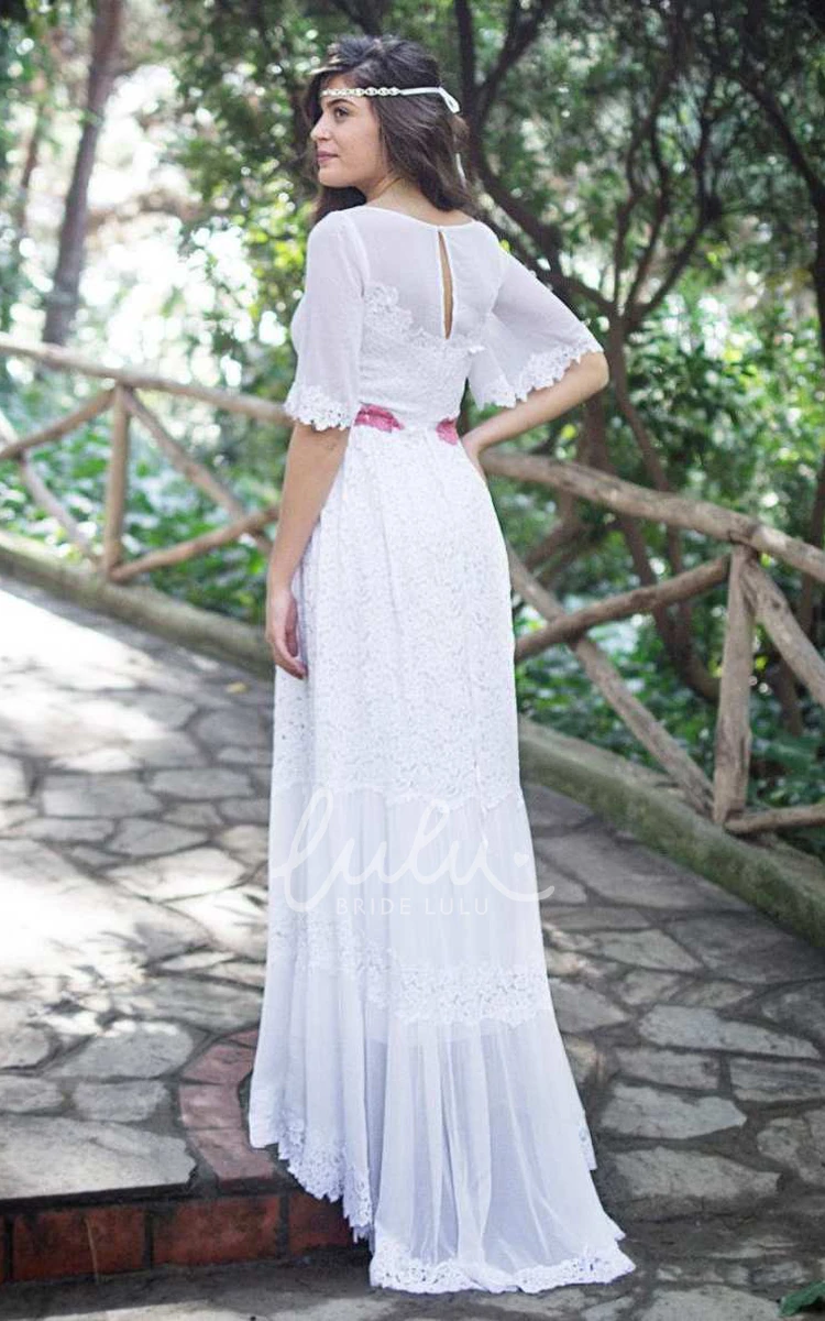Full Bell-Sleeve Lace Wedding Dress with Bateau Neckline