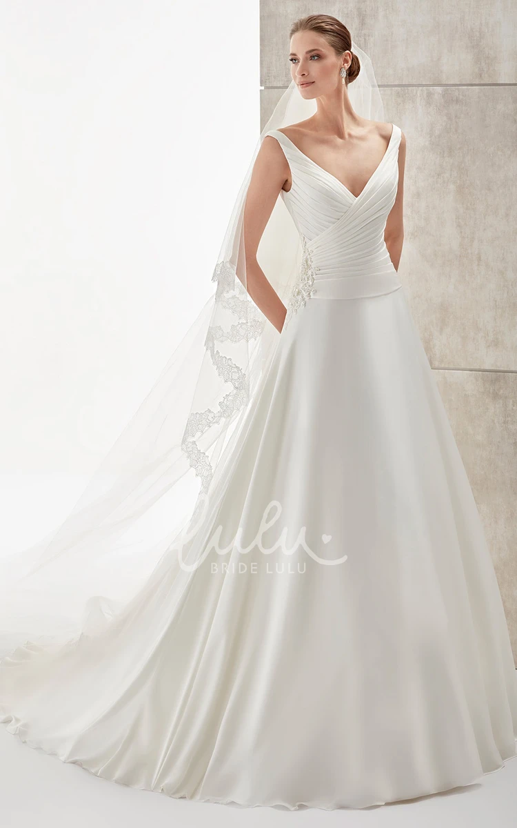 Satin Sweetheart Wedding Dress with Side Appliques and Brush Train Modern Bridal Gown