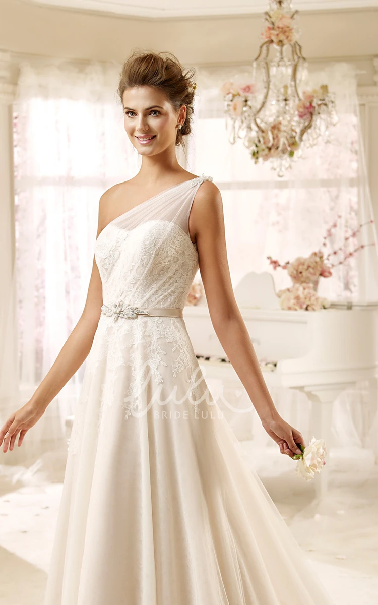 Draping One-Shoulder Tulle Wedding Dress with Satin Sash