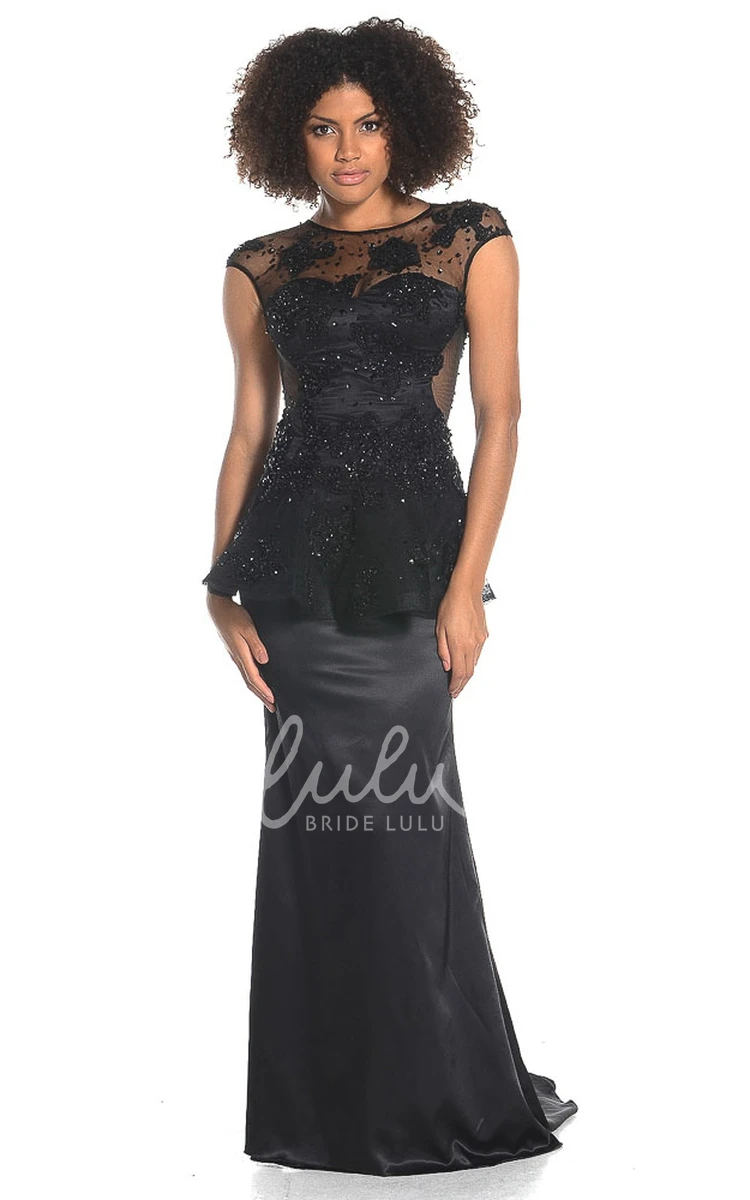 Satin Cap-Sleeve Jewel Appliqued Prom Dress with Peplum