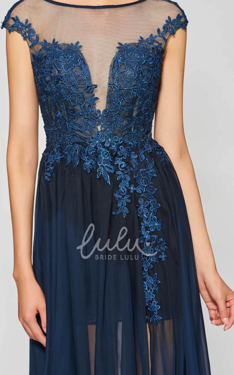 Sexy Split Front Bateau Chiffon Gown with Lace Applique A-line Deep V-back