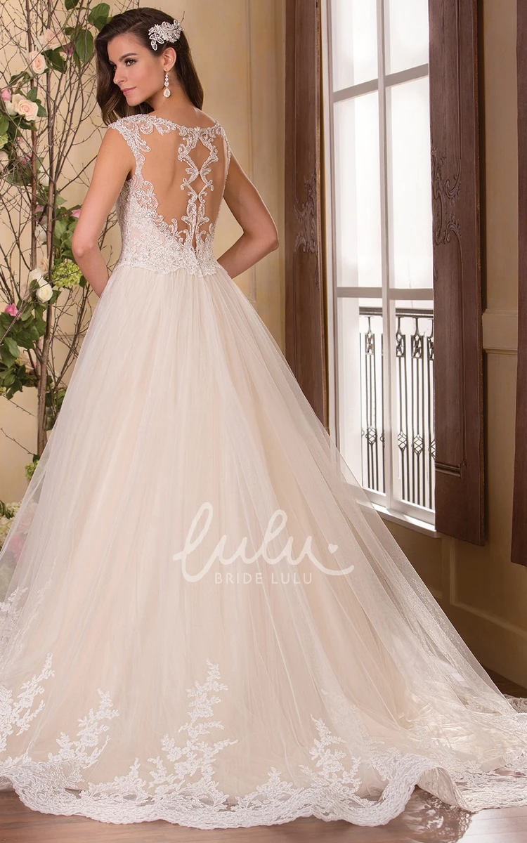 A-Line Wedding Dress with Bateau Neckline Cap Sleeves and Appliqued Bodice