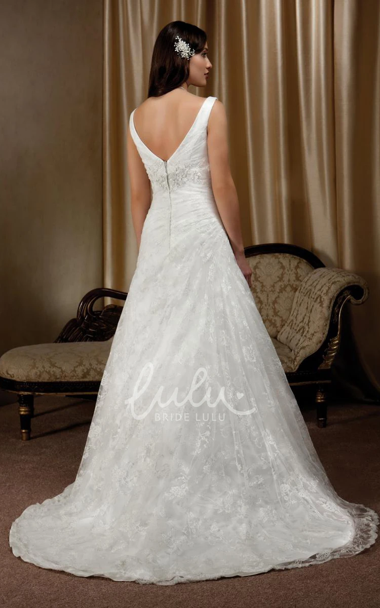 V-Neck Lace Sleeveless A-Line Wedding Dress with Appliques and Low-V Back