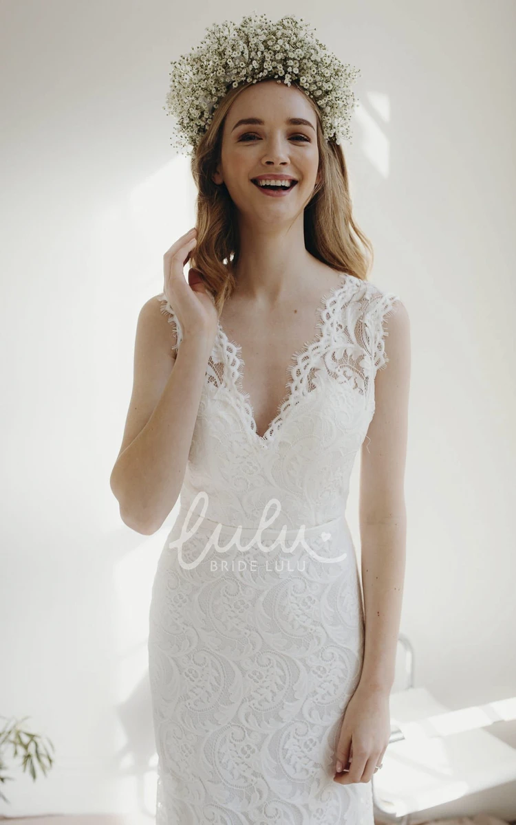 Lace Sheath Deep V-neck Wedding Dress with Cap Sleeves and Court Train