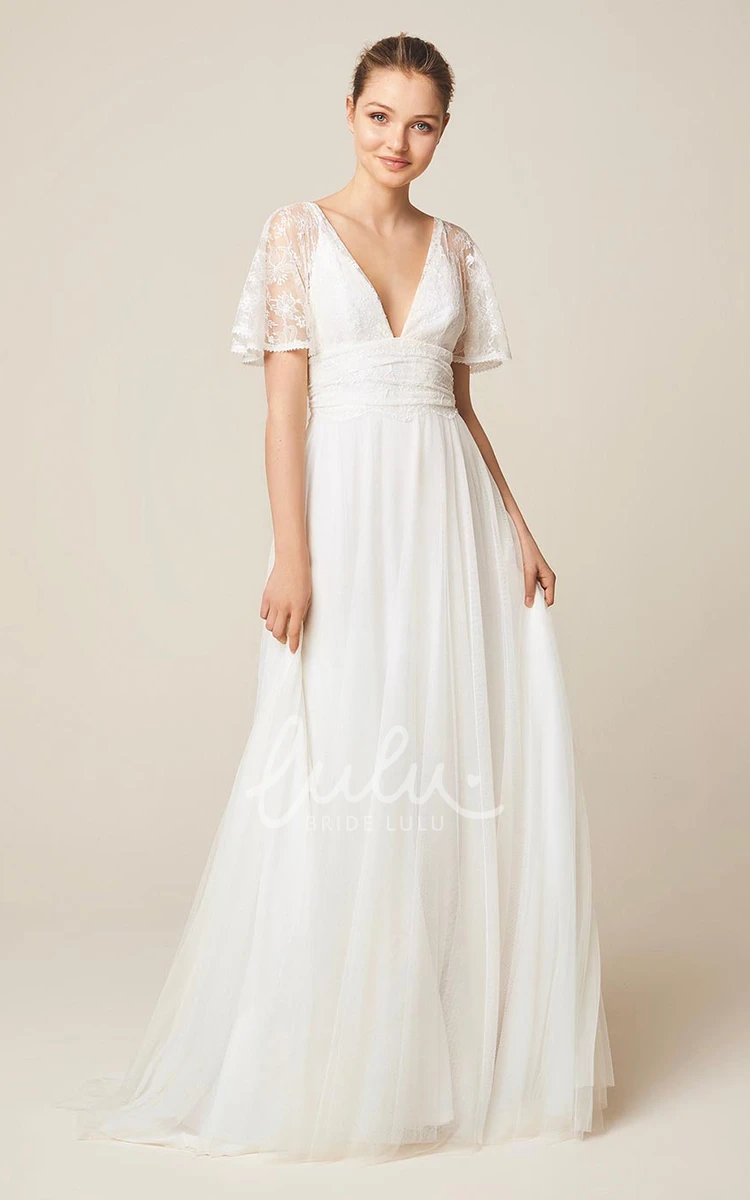 Lace Illusion Short Sleeve Ethereal Wedding Dress Elegant Bridal Gown