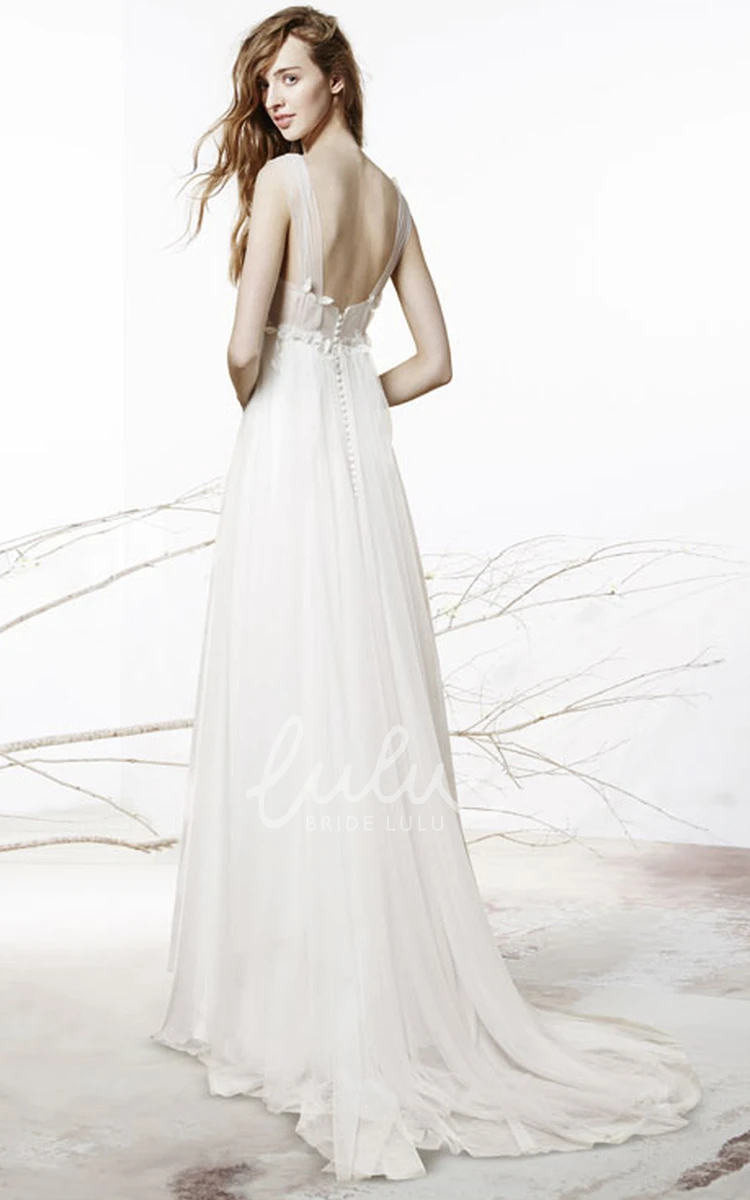 A-Line Floral Tulle Wedding Dress with Low-V Back and Draping Floor-Length Sleeveless Empire