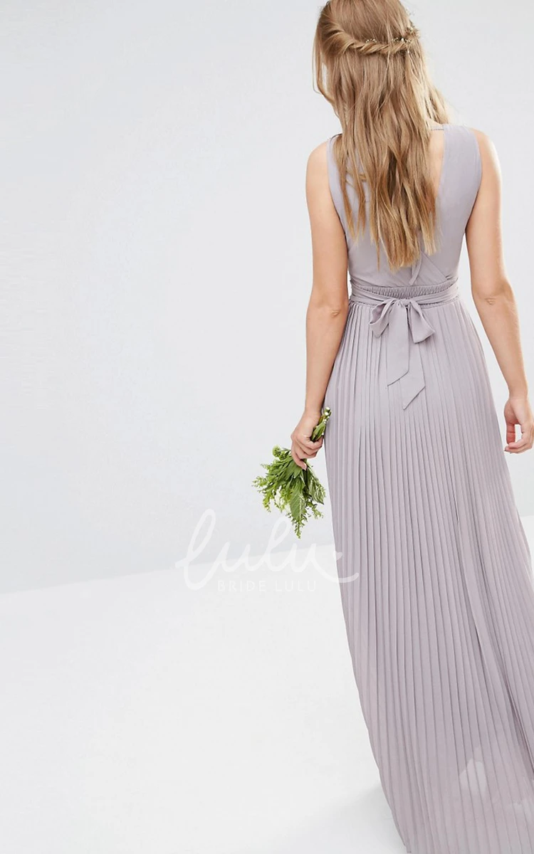 Ruched V-Neck Chiffon Bridesmaid Dress with Beading Ankle-Length