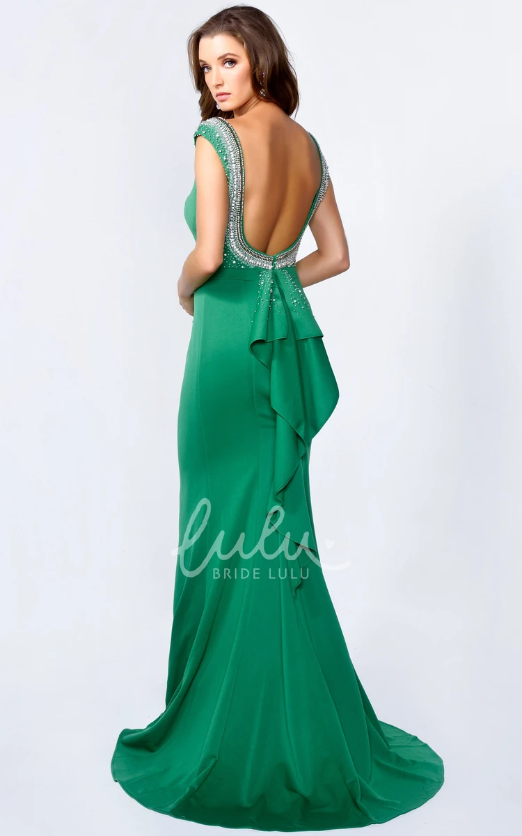Backless Sheath Dress with Cap-Sleeves Beading and Draping