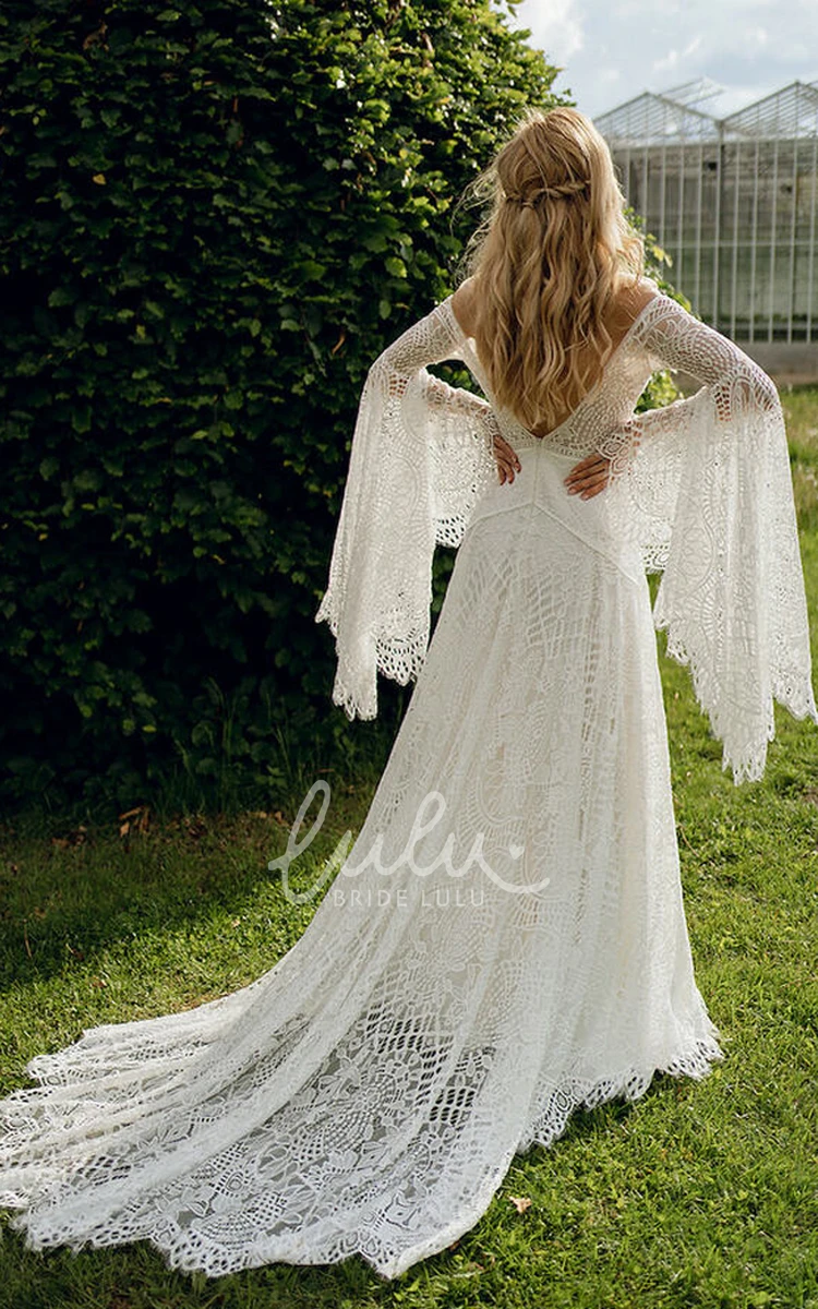 Vintage Flowy A-Line Full Lace Wedding Dress with Sleeves Sexy Floral Plunging Neckline Bridal Gown