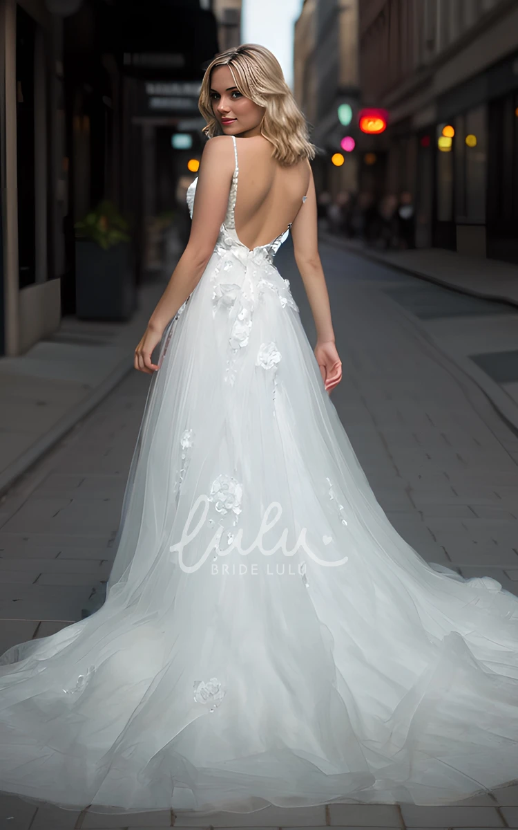 Sexy Deep V-Neck Front Split A-line Open Back Tulle Wedding Dress with Train