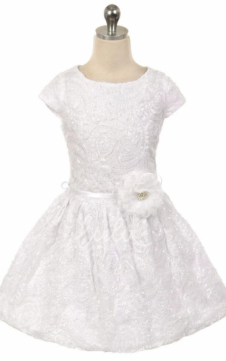 Pleated Tiered Tulle & Sequins Tea-Length Flower Girl Dress Flowy Dress for Girls