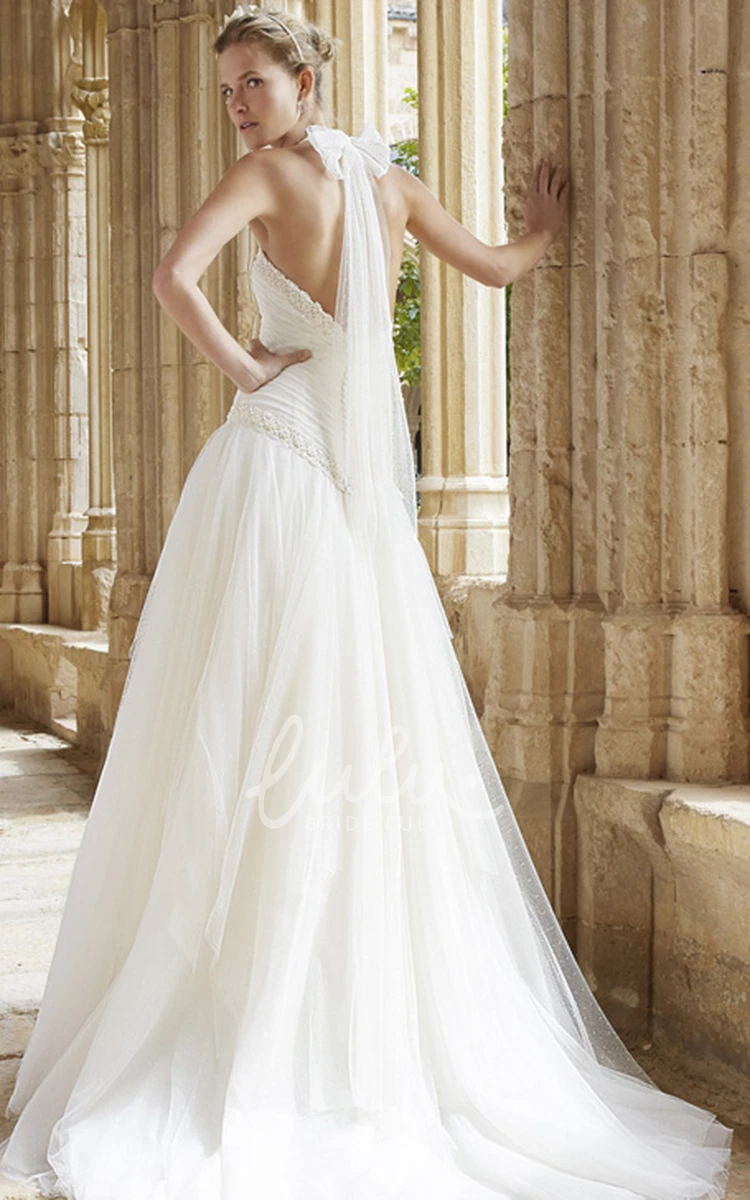 A-Line Tulle Wedding Dress High Neck Ruched Sleeveless with Draping and Beading