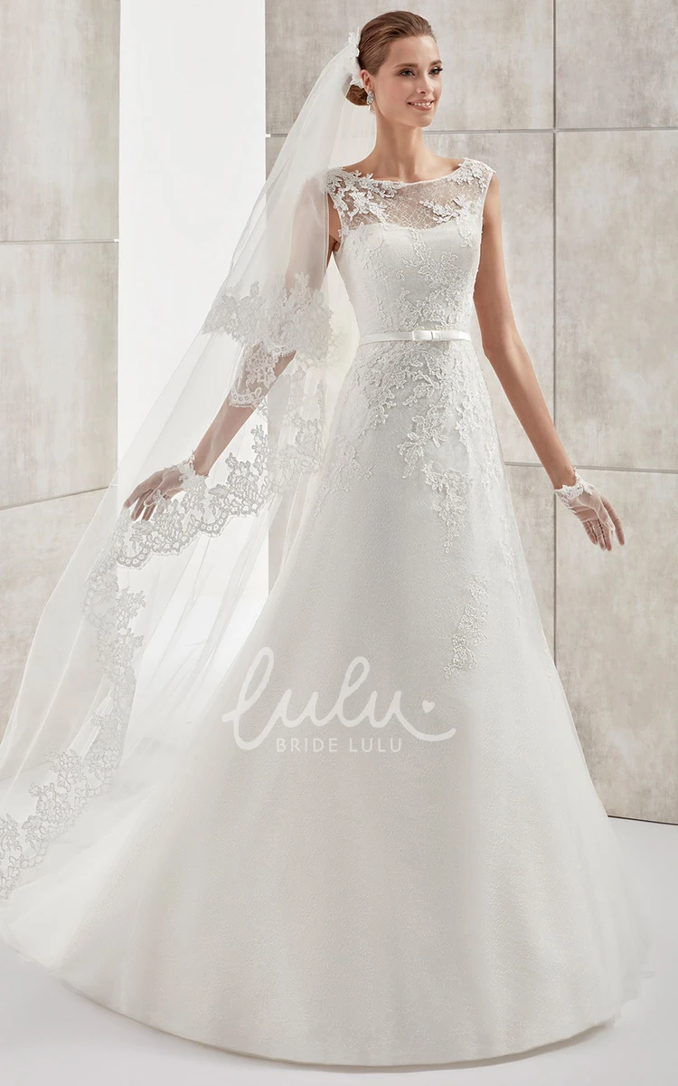 Lace Applique Illusion A-line Wedding Dress with Cap Sleeves