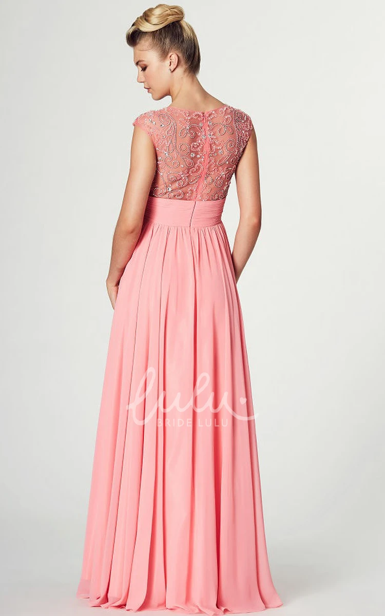 Maxi Sleeveless Chiffon Prom Dress with Ruched Scoop Neck Flowy Bridesmaid Dress