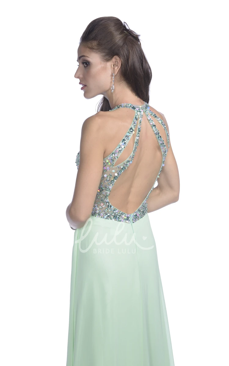 Sleeveless A-Line Prom Dress with Crystal Bodice & Keyhole Back Chiffon