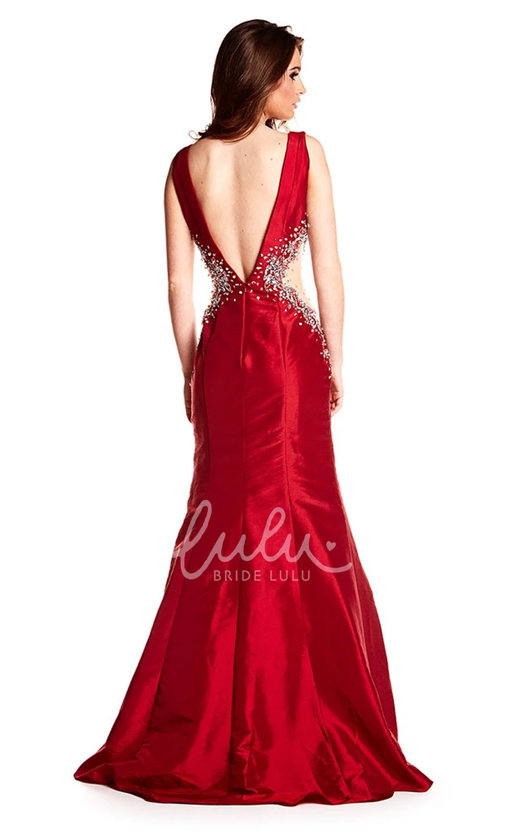 Mermaid Beaded Satin V-Neck Prom Dress Sleeveless Deep-V Back Elegant