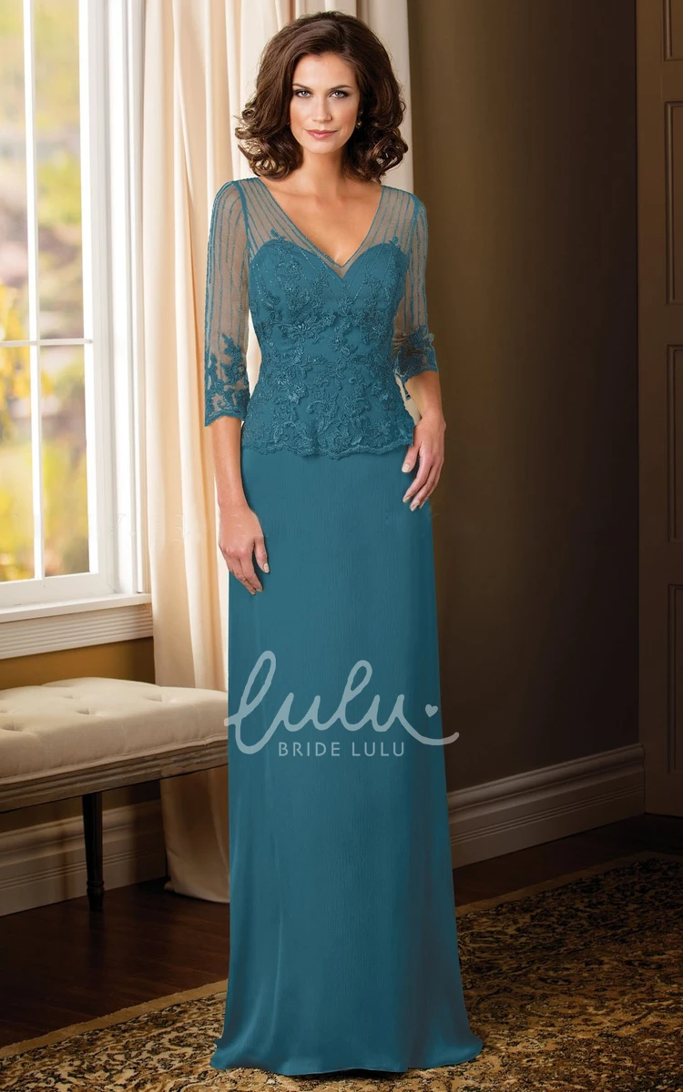 Sheath Chiffon Mother of the Bride Dress with Illusion Sleeves and Waist Jewelry