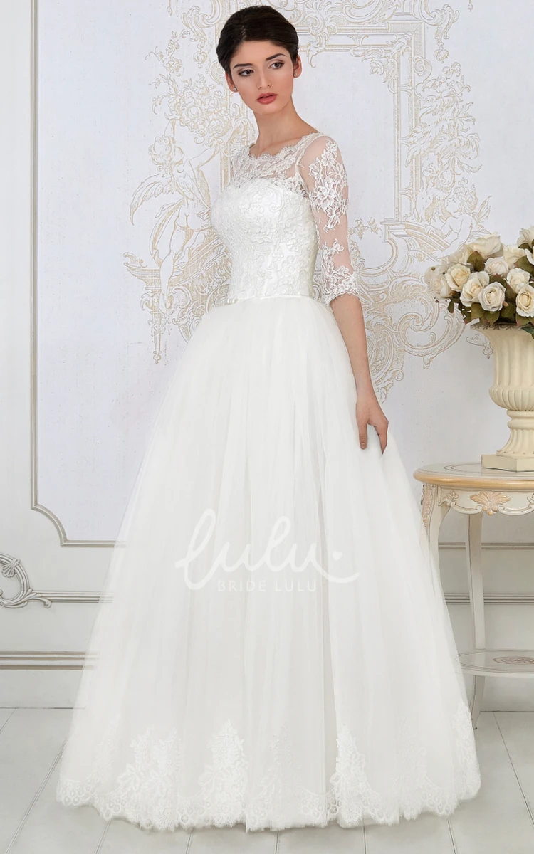 Tulle A-Line Wedding Dress with Half-Sleeve Lace Up Scoop-Neck