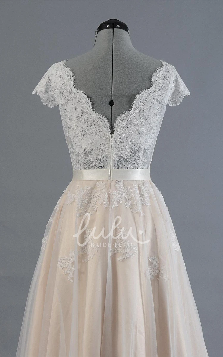 Elegant V-Neck Lace Boho Wedding Dress with Cap Sleeves and Tulle Skirt