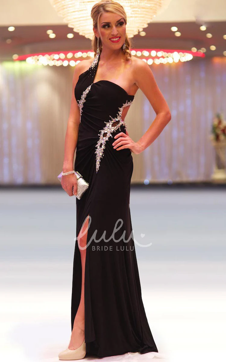 One-Shoulder Beaded Chiffon Prom Dress with Split Front Long Sleeveless Sheath