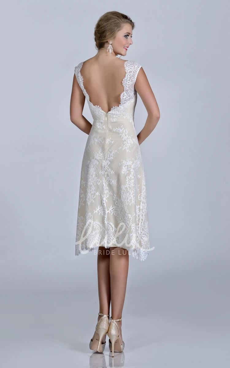 Knee Length Cap Sleeve Lace Wedding Dress with Crystal Brooch Classic Bridal Dress