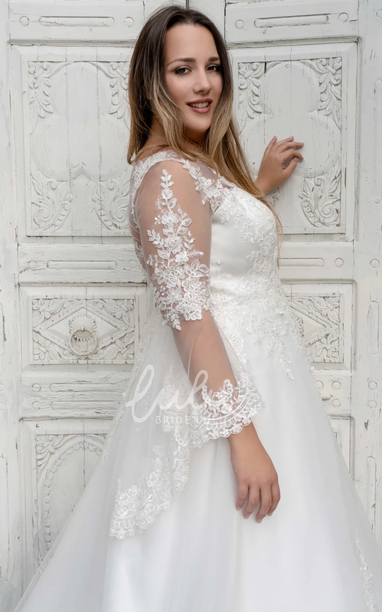 Tulle Bateau Long Sleeve Wedding Dress Romantic A Line Floor-Length Appliqued Bridal Gown