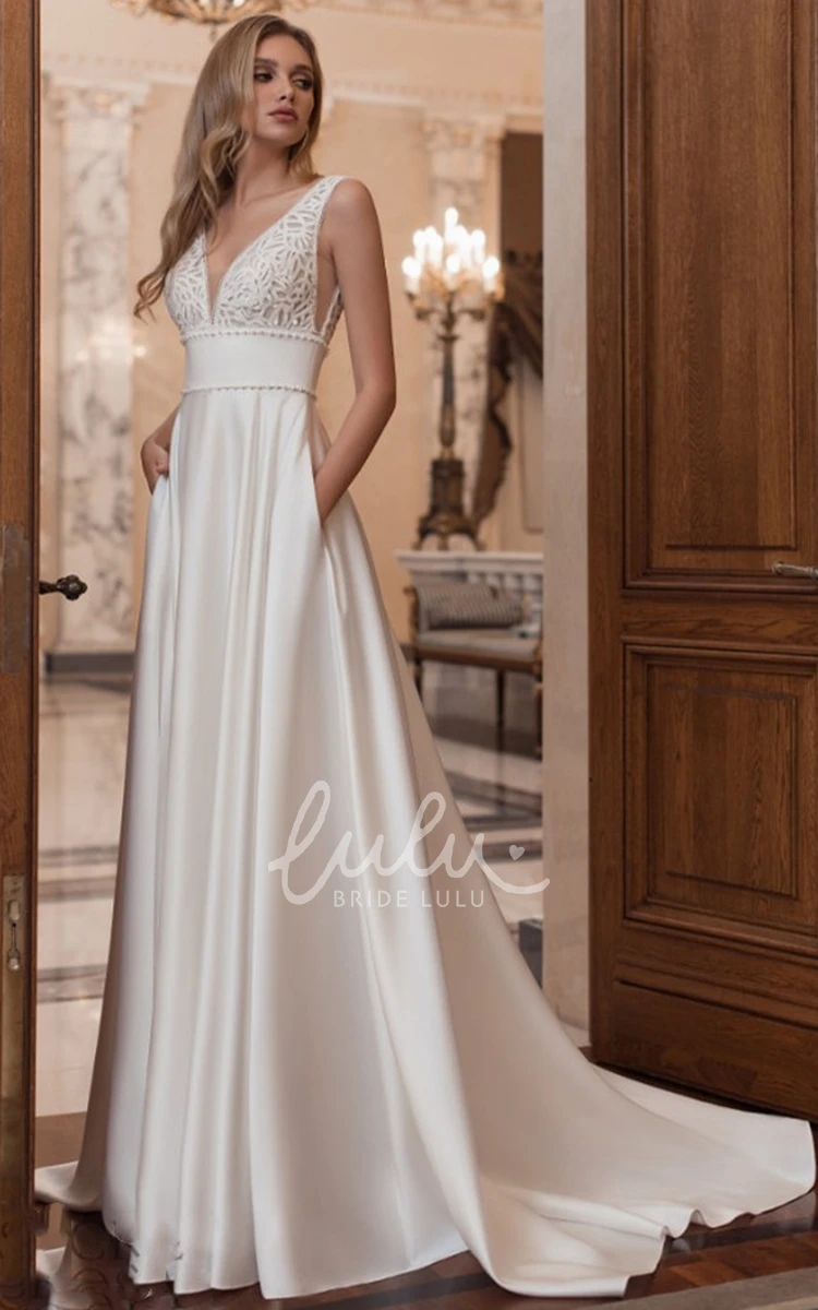 Gorgeous V-neck Satin Wedding Dress with Pockets A-Line Wedding Dress
