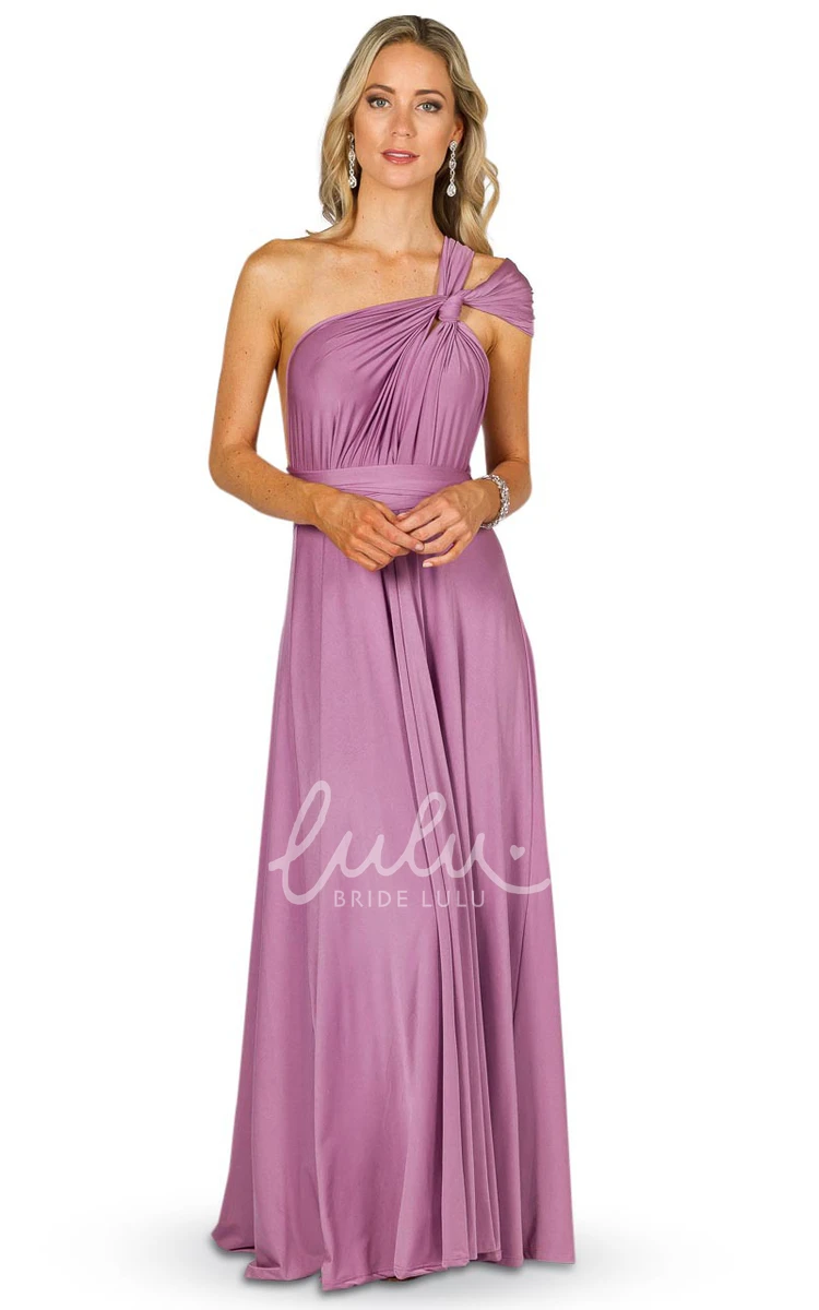 Sleeveless One-Shoulder Jersey Bridesmaid Dress with Bow Convertible Style