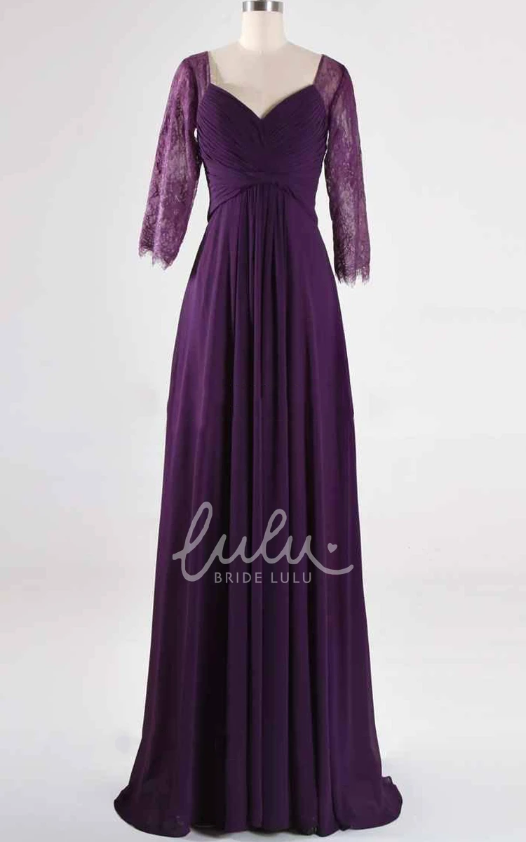 Lace Sweep Train A-line Formal Dress with 3/4 Sleeves