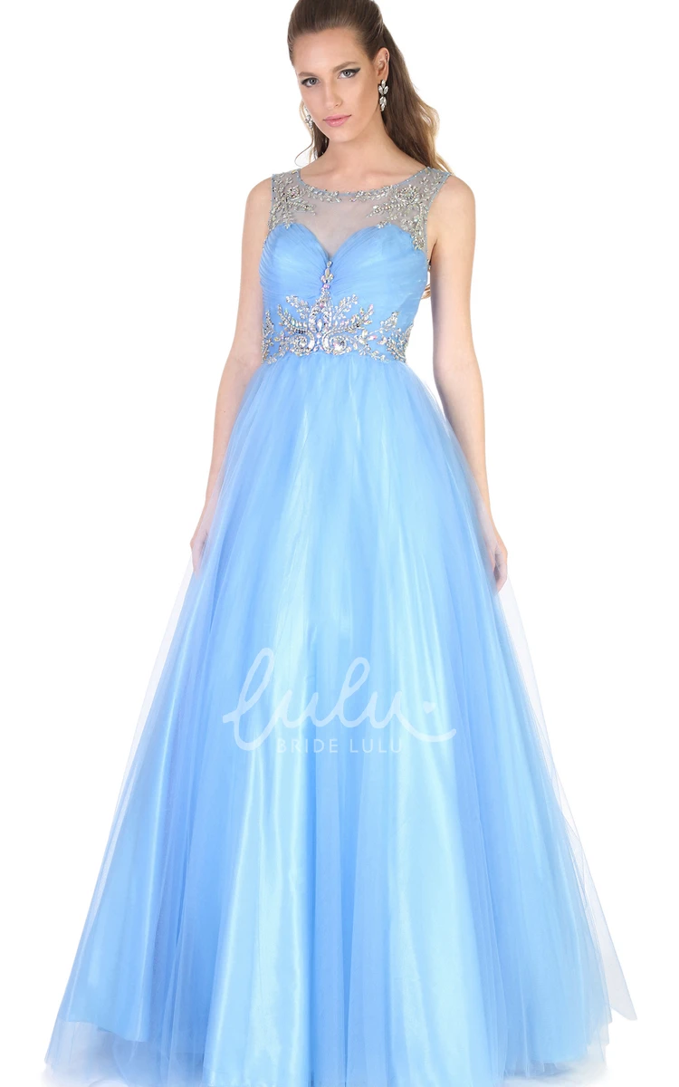 Sleeveless A-Line Tulle&Satin Prom Dress with Beaded Scoop-Neck and Pleats