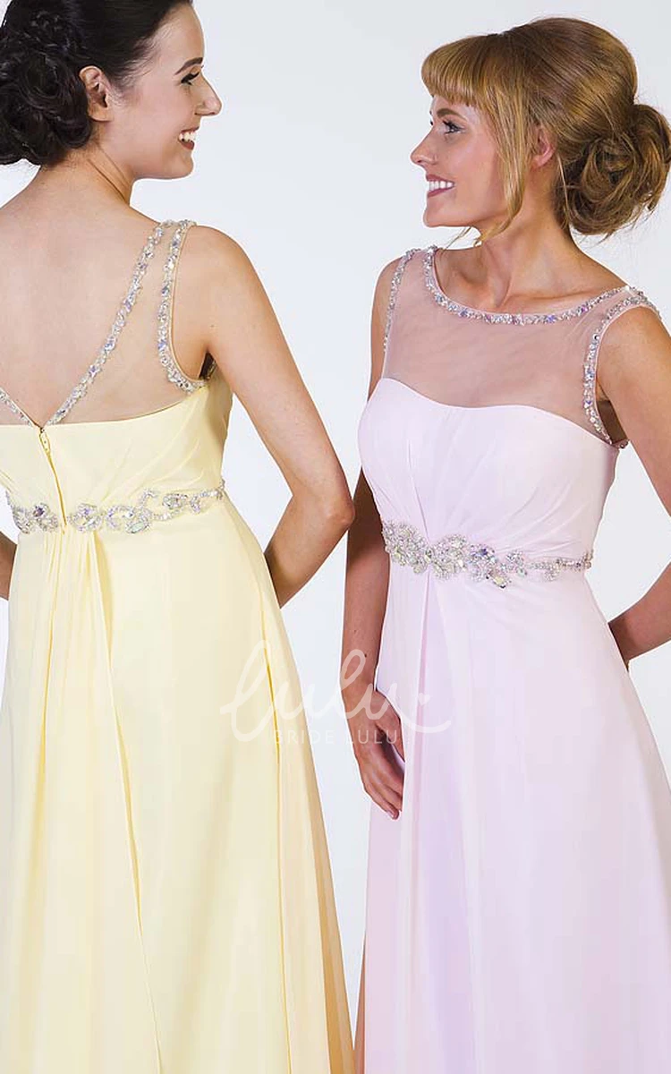 Sleeveless A-Line Chiffon Prom Dress with Beaded Scoop-Neck and Waist Jewellery Flowy Prom Dress 2024