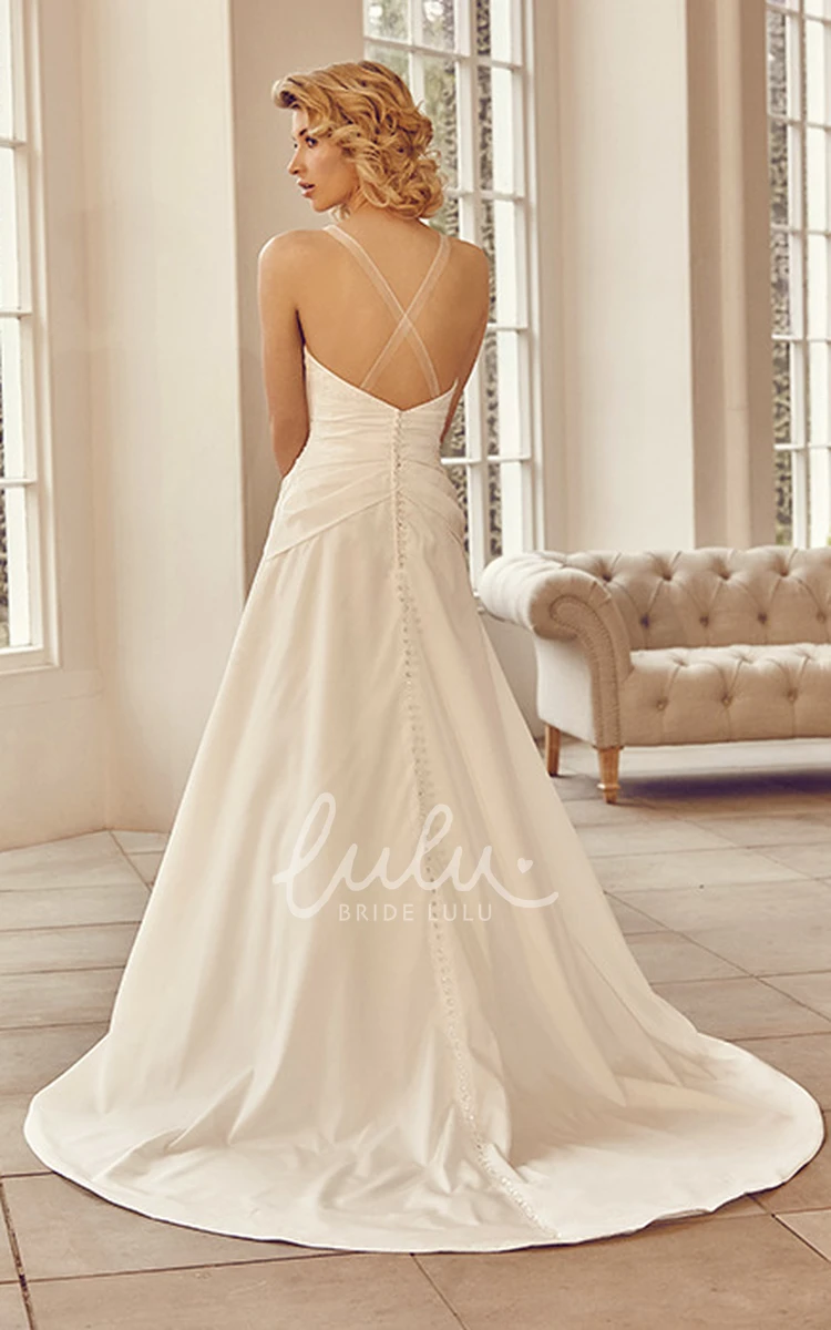 Satin Appliqued V-Neck Wedding Dress with Brush Train and Straps Timeless Bridal Gown