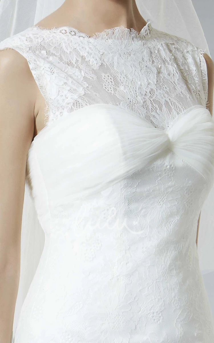 A-Line Jewel Long Lace Wedding Dress with Ruched Cap-Sleeves Simple Wedding Dress