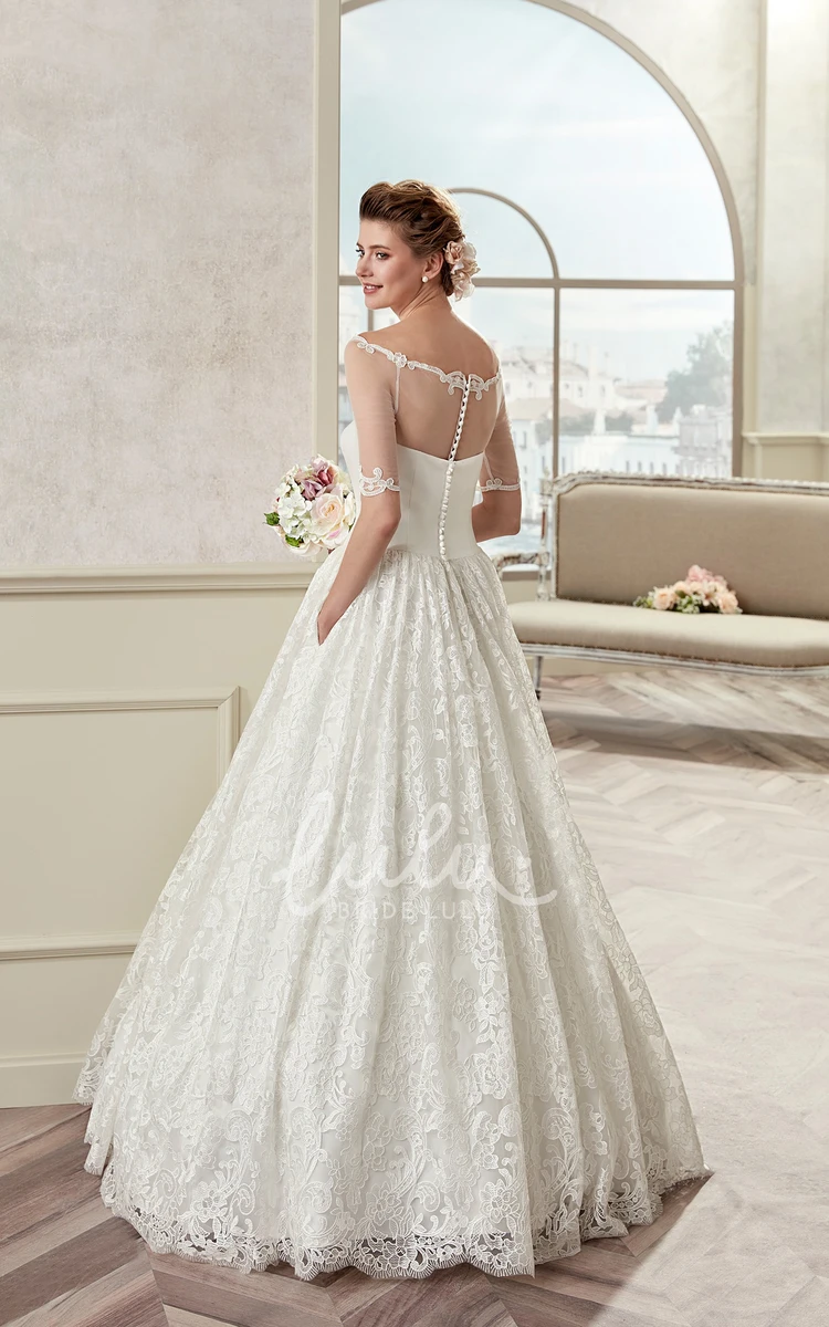 Off-Shoulder A-Line Wedding Dress with Half Sleeves and Illusion Design