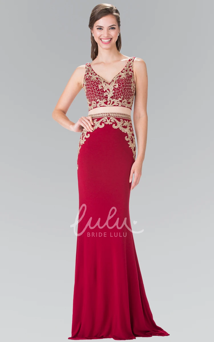 Sleeveless Two-Piece Sheath Jersey Dress with Appliques and Beading Classy Bridesmaid Dress