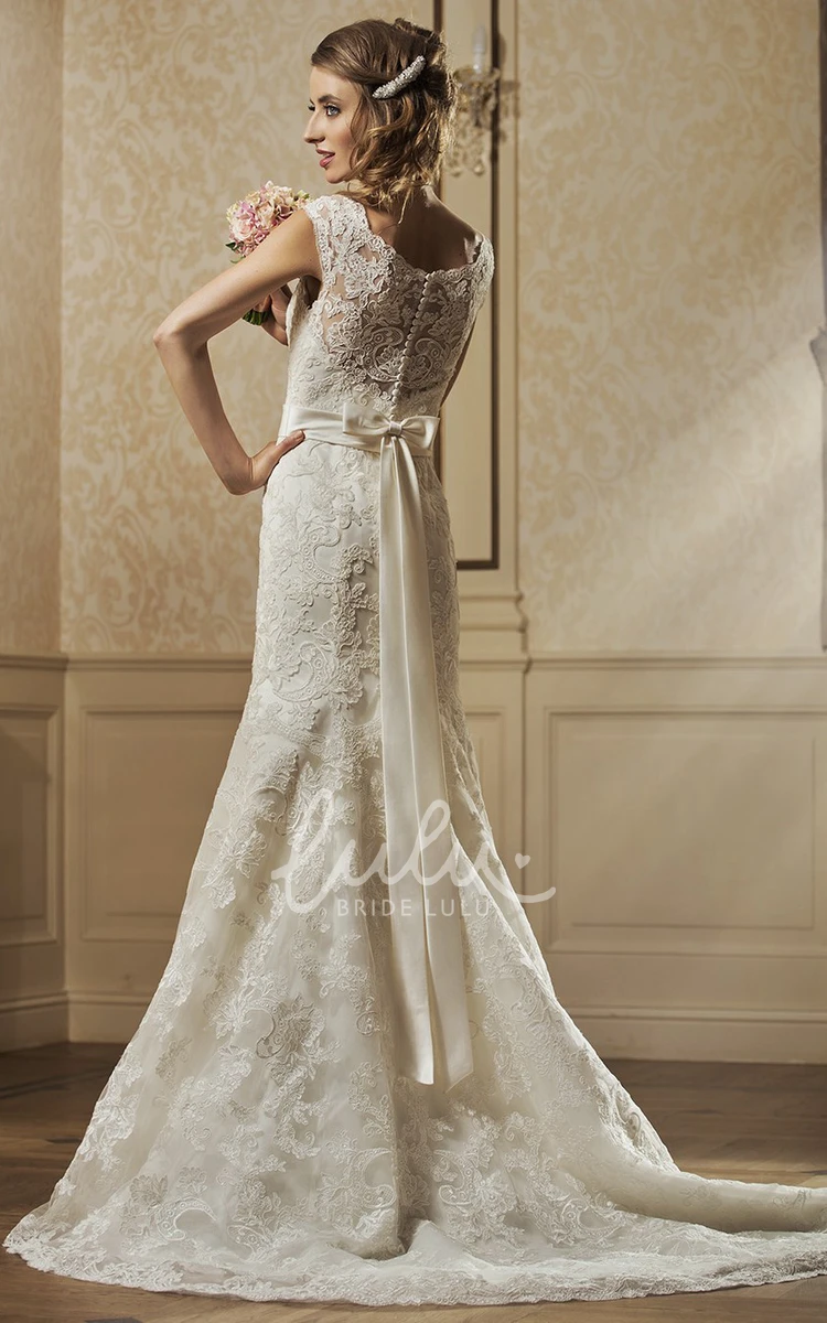 Sleeveless Lace Sheath Wedding Dress with Bow and Court Train