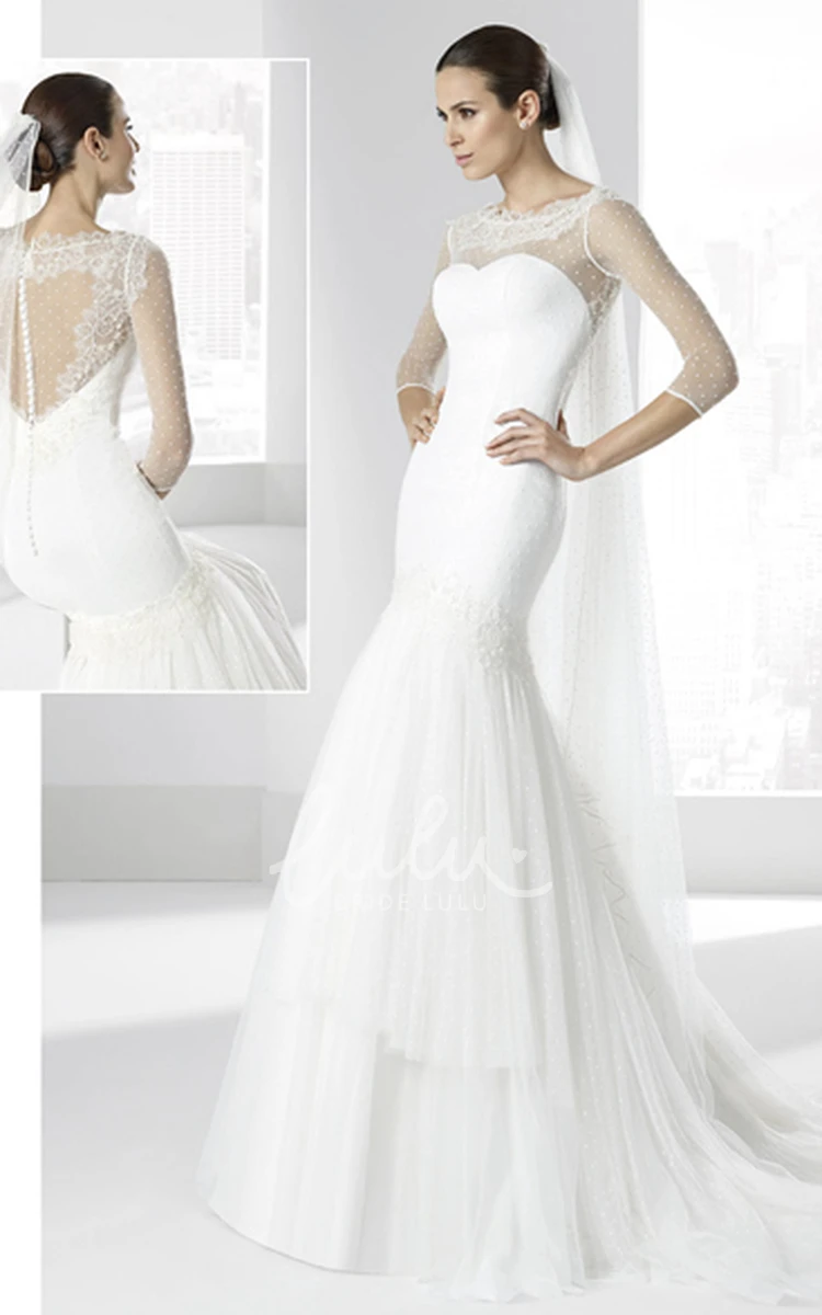 Mermaid Tulle Wedding Dress with Scoop-Neck 3-4-Sleeve and Illusion