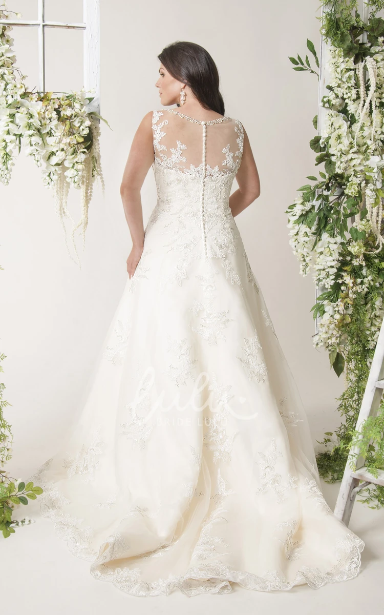 Illusion Sleeveless Lace Plus Size Wedding Dress with Scoop Neckline