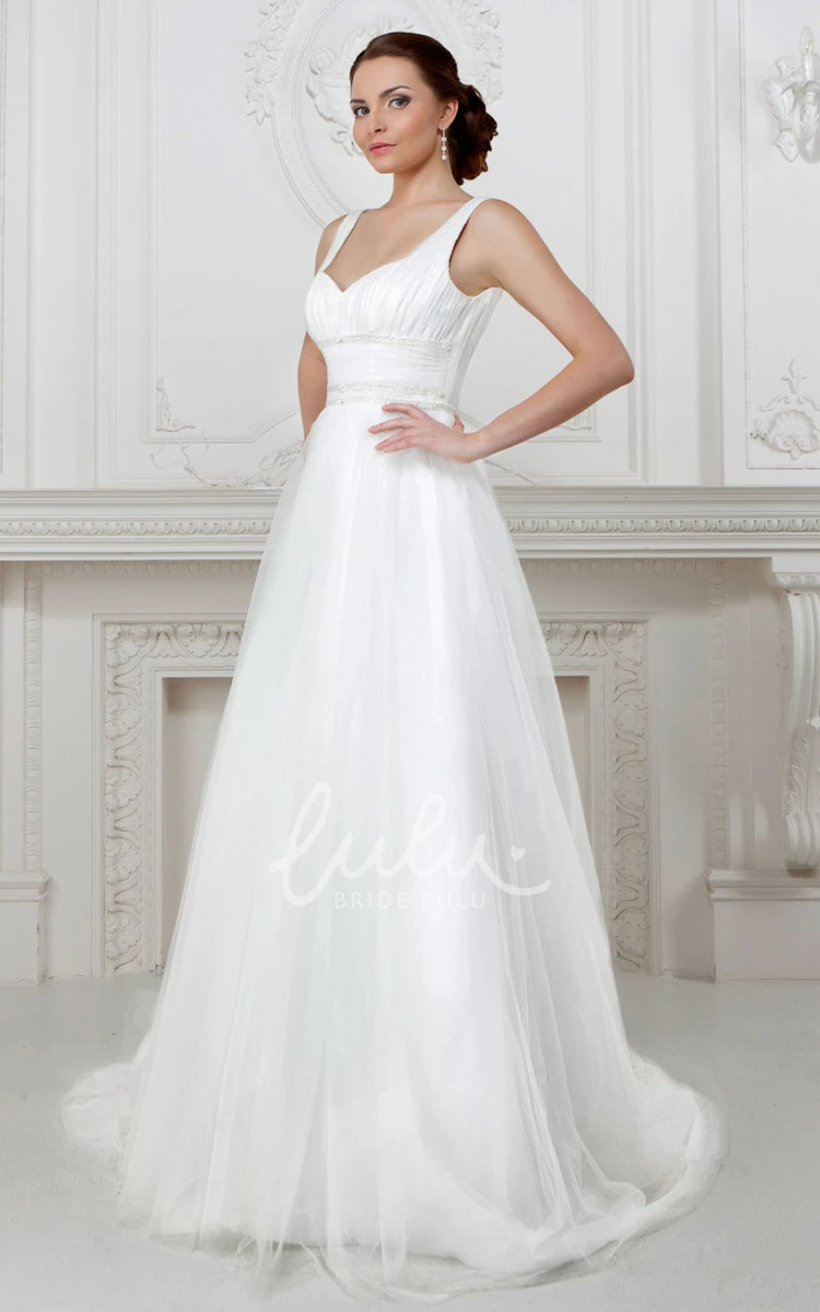 Floor-Length A-Line Tulle&Satin Wedding Dress with Beading Simple and Classy Bridal Gown