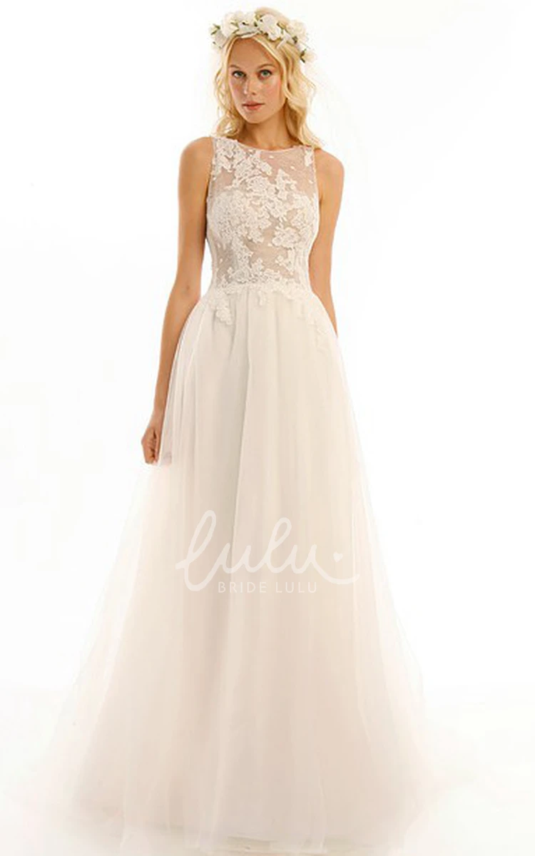 Jewel Appliqued Tulle Wedding Dress with Brush Train and Illusion Floor-Length Elegant 2024