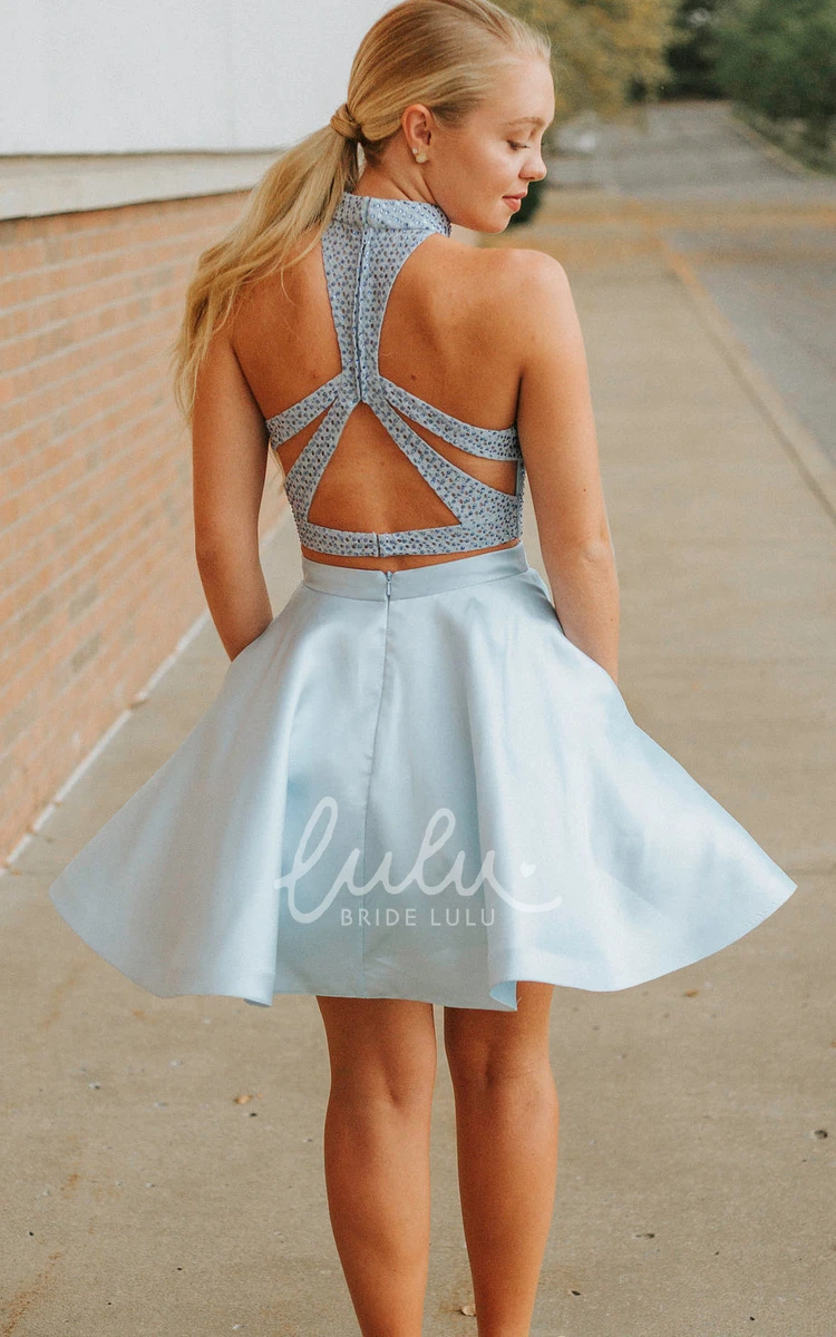 Satin High Neck Two Piece Homecoming Dress with Cross Back Adorable Two Piece Satin Homecoming Dress with High Neck and Cross Back