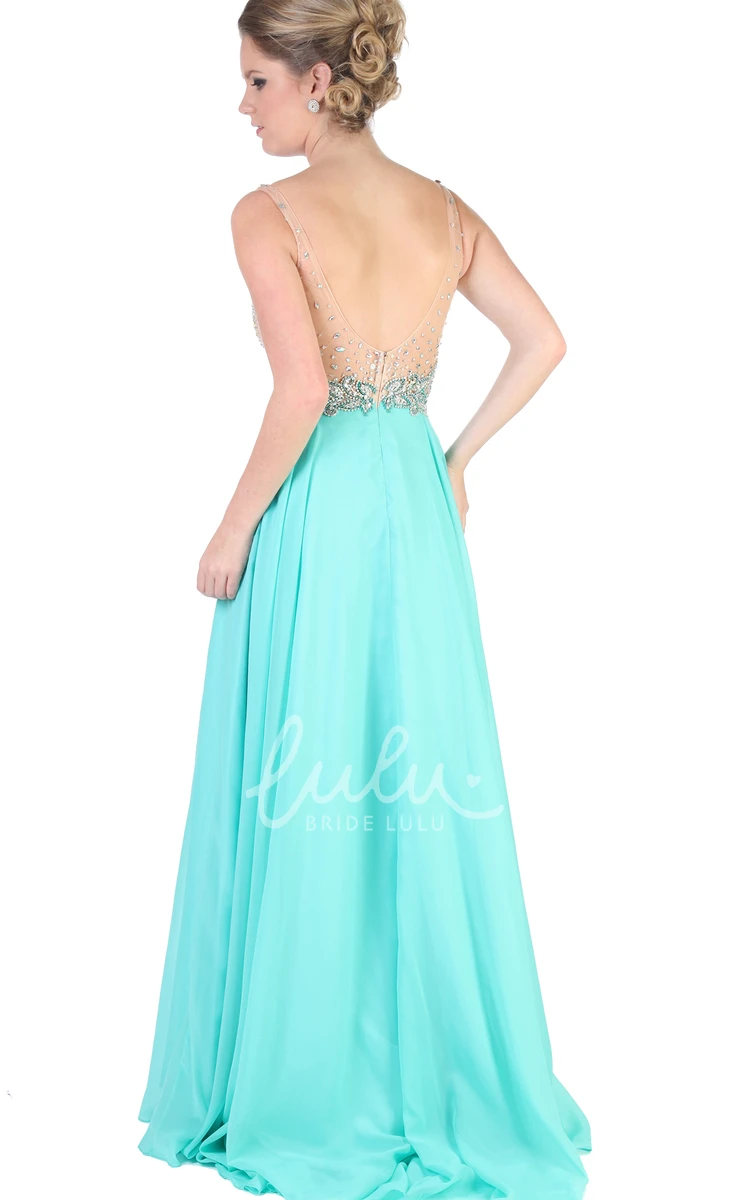 A-Line Beaded Sleeveless Chiffon Evening Dress with V-Neck Long