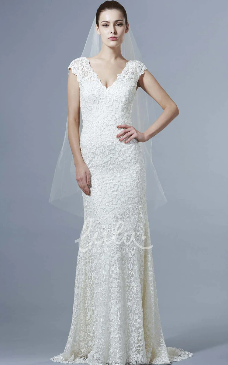 Cap-Sleeve Lace Wedding Dress with V-Back and Brush Train Classy Bridal Gown