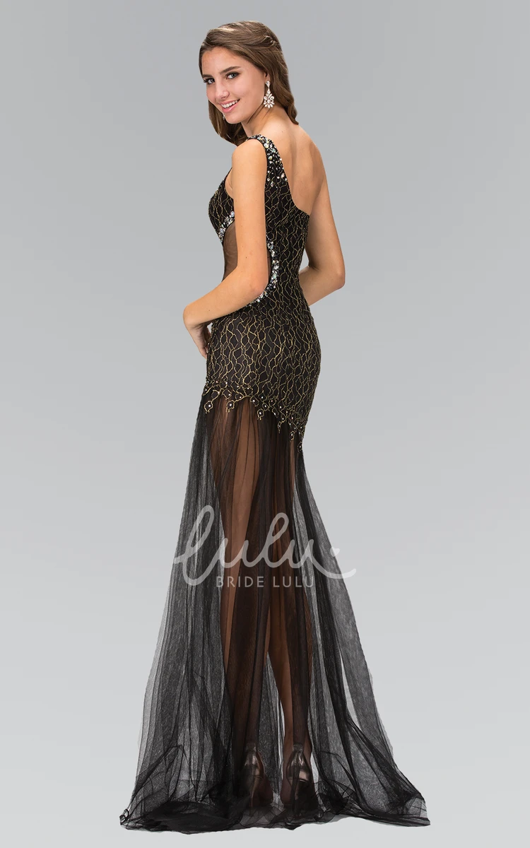 Tulle Sheath Prom Dress with Beading and One-Shoulder Lace