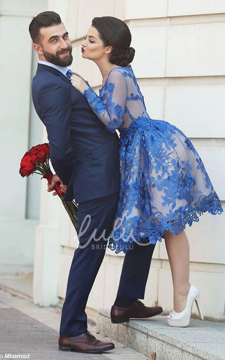 Long Sleeve Royal Blue Appliques Prom Dress Delicate